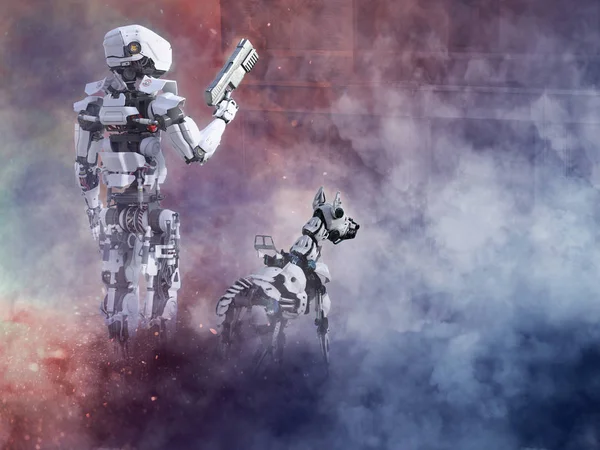 渲染一个未来的机器人警察拿着枪 在他旁边的狗 在一个被毁的城市战斗的战争 他们周围的烟雾和火 — 图库照片