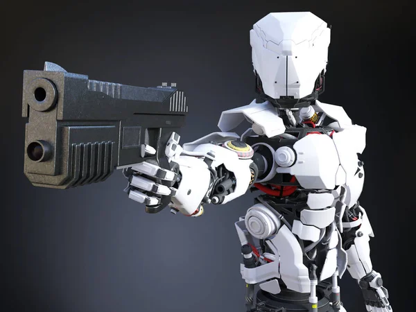 Rendering Futuristisk Robot Polis Eller Soldat Som Håller Upp Pistol — Stockfoto