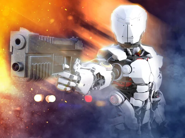 Darstellung Eines Futuristischen Roboterpolizisten Oder Soldaten Der Eine Waffe Mit — Stockfoto