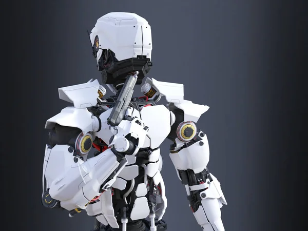 Renderização Uma Polícia Robô Futurista Soldado Segurando Uma Arma Seu — Fotografia de Stock