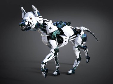 3D render bir atıştırmaiçin fütüristik ortalaması robot köpek arıyorum. Koyu arka plan.