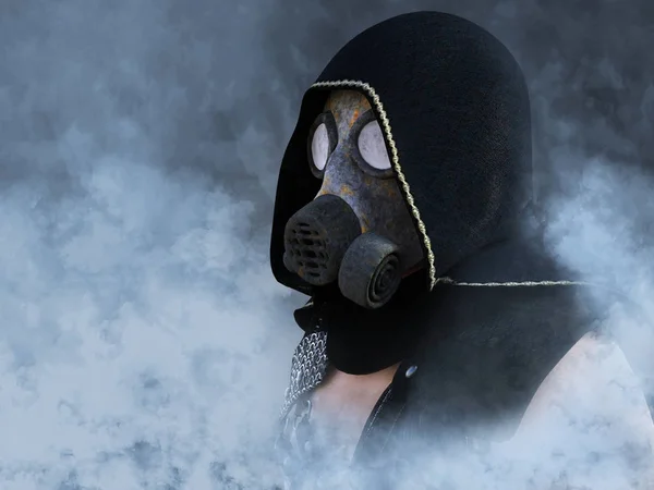 Rendering Man Wearing Gas Mask Surrounded Smoke Polluted Futuristic Dystopian — Stock Photo, Image