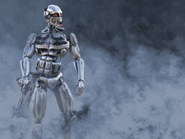 kirli bir futuristik distopik dünyada bir silah bir fütüristik savaş robotu askerin 3D render. Toksik onun etrafında duman.