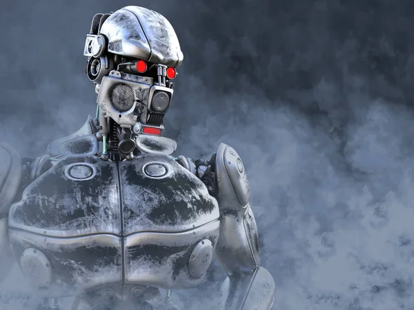 渲染一个未来的机械士兵在污染未来的反乌托邦世界 他周围有毒的烟雾 — 图库照片
