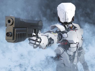 bir futuristik robot polis ya da asker duman tarafından çevrili bir silah tutan 3D render.