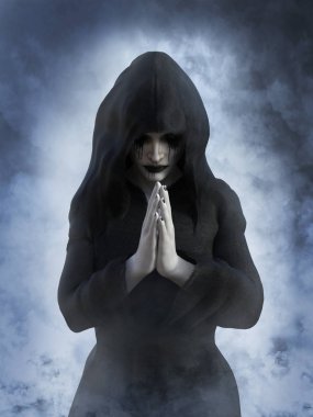 3D rendering of a ghost nun or saint praying with her hands together. She is surrounded by smoke or clouds like it's a dream or in heaven. clipart