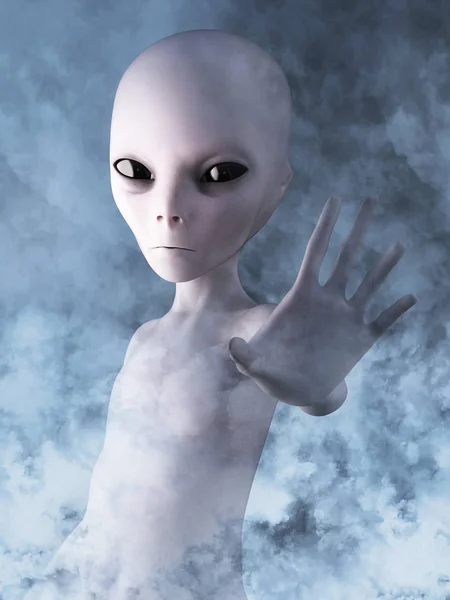 Alien Sin Hand Han Omgiven Rök Eller Moln Som Det — Stockfoto