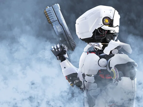 Renderowania Robota Futurystyczna Policji Lub Żołnierz Trzyma Broń Pośród Dymu — Zdjęcie stockowe