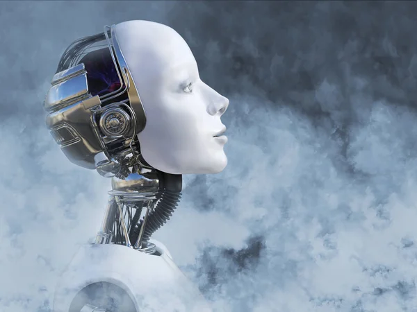 Dreamy Head Portrait Female Robot Surrounded Smoke Rendering — Stock Photo, Image