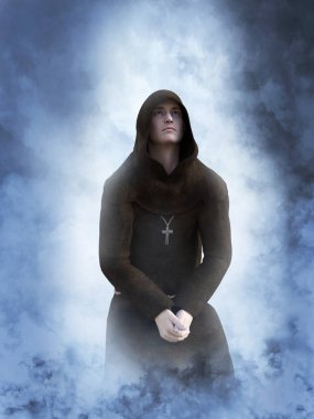 3D rendering of a christian monk kneeling while praying or contemplating surrounded by smoke or clouds like it's a dream or in heaven. clipart
