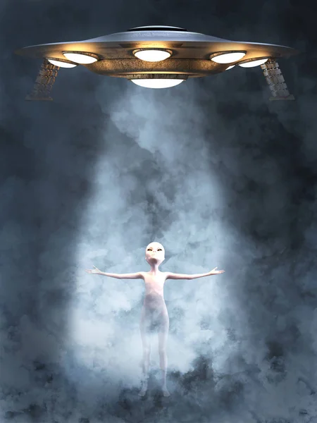 Natáhl Ruku Ufo Alien Obklopen Kouř Nebo Mraky Světelných Paprsků — Stock fotografie