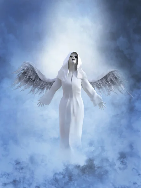 White Angel Its Wings Spread Rendering She Surrounded Smoke Clouds — Stock Photo, Image