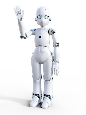 Merhaba sallayarak bir beyaz dostu karikatür robot 3D render. Beyaz arka plan.