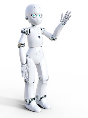 Merhaba sallayarak bir beyaz dostu karikatür robot 3D render. Beyaz arka plan.