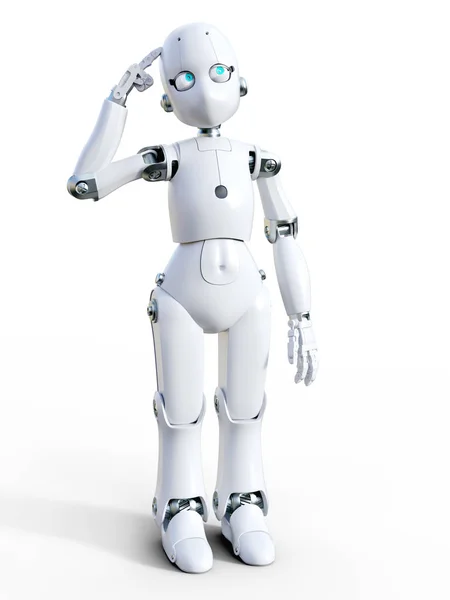 Renderização Robô Desenho Animado Amigável Branco Pensando Algo Fundo Branco — Fotografia de Stock