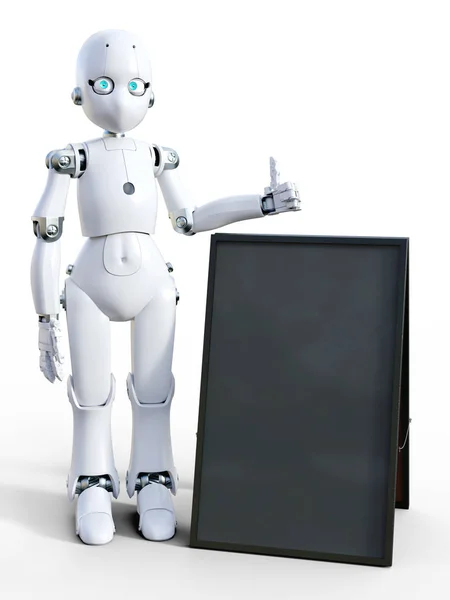 3D rendering of a white friendly cartoon robot standing next to a blank sandwich board and doing a thumbs up. White background.