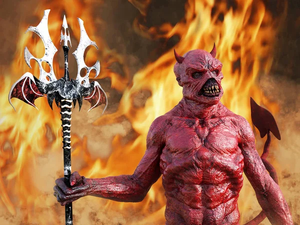 Mean Looking Demonic Red Devil Horns Standing Holding Trident Pitchfork — Stock Photo, Image