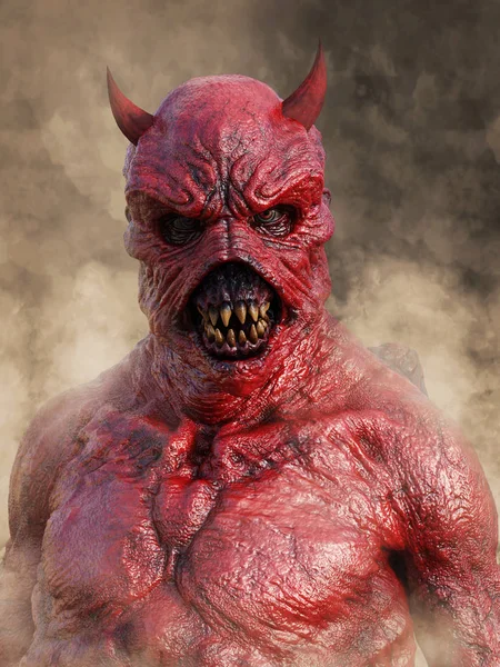 Головной Портрет Злобного Демона Красного Дьявола Рогами Рендеринга Окружен Дымом — стоковое фото