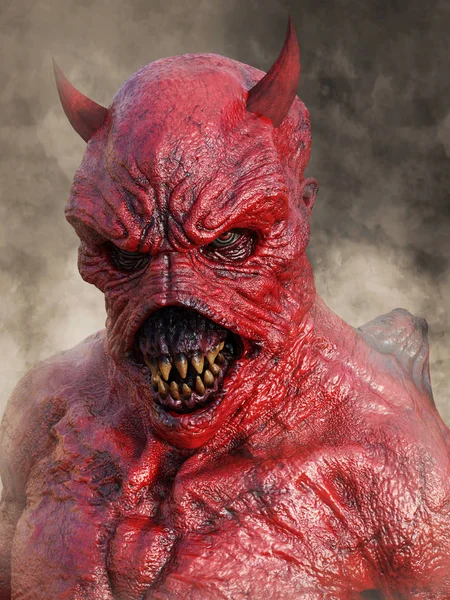 Head Portrait Mean Looking Demonic Red Devil Horns Rendering Surrounded — Stock Photo, Image