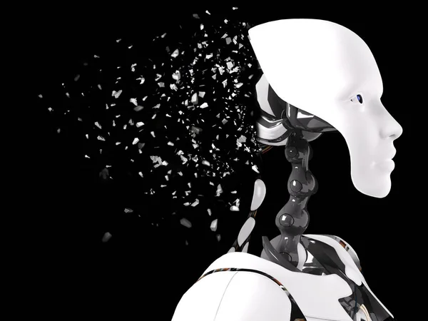 3D rendering of the head of a female robot. The head is breaking apart. Black background.