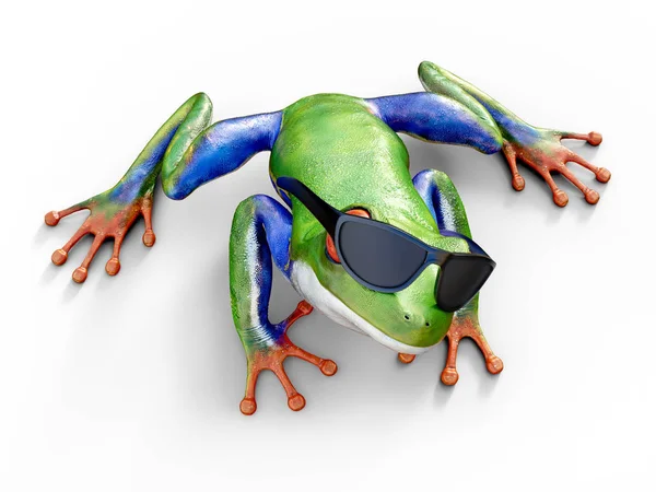 逼真的3D 渲染绿色 蓝色和橙色的红眼睛树蛙 Agalychnis Callidryas 坐在白色的地板上 戴着太阳镜 — 图库照片