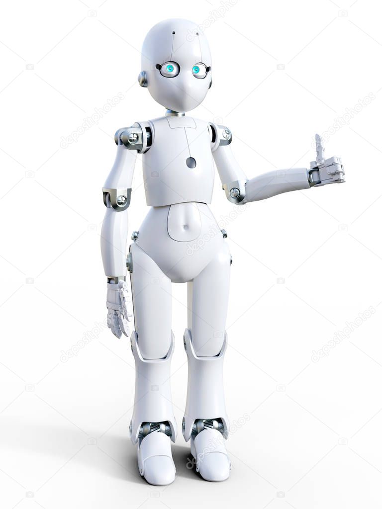 3D rendering of a white friendly cartoon robot doing a thumbs up. White background.