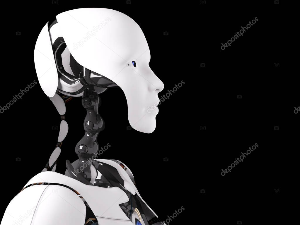 Head portrait of a female robot, 3D rendering. Black background.