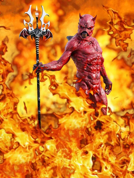 A mean looking demonic, red devil with horns standing holding trident pitchfork, 3D rendering. He is surrounded by fire like in hell.