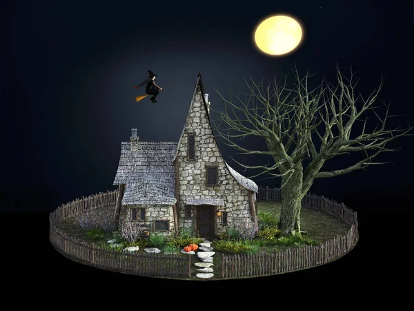Vykreslování Domu Strašidelné Čarodějnice Noci Halloween Dýně Létající Čarodějnice Úplněk — Stock fotografie