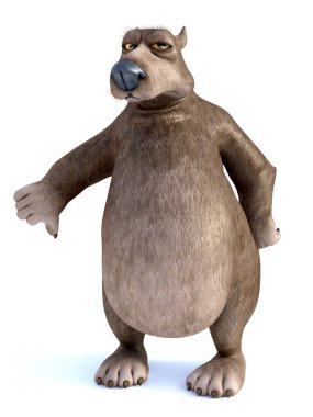 3D render bir büyüleyici huysuz karikatür ayının bir başparmak yapıyor. Beyaz arka plan.