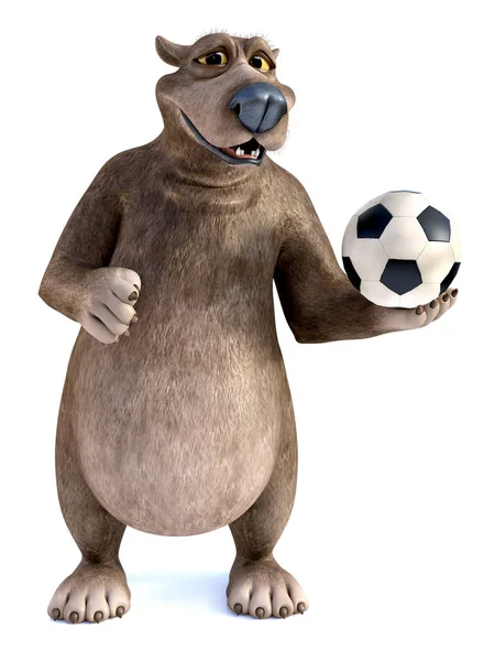 渲染一个迷人的微笑卡通熊摆在他的手足球 白色背景 — 图库照片
