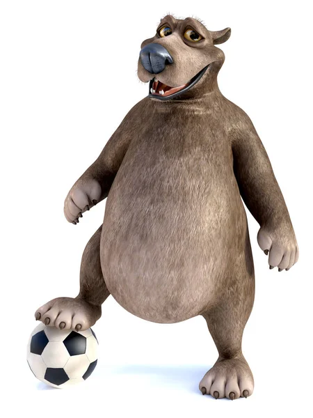渲染一个迷人的微笑卡通熊 他的脚摆在一个足球球 白色背景 — 图库照片
