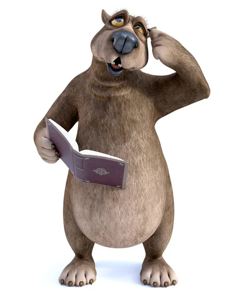 Rendering Charming Smiling Cartoon Bear Holding Book His Hand Thinking — Stock Photo, Image