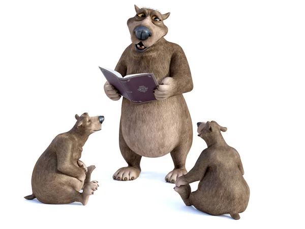 魅力的な笑顔の漫画の レンダリングは 彼の手と つの若い子供のクマに読書の本を持って耐えます それは絵本の読み聞かせ 白背景 — ストック写真