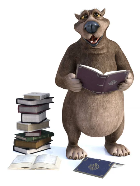 Rendering Charming Smiling Cartoon Bear Holding Book His Hand Pile — Stock Photo, Image