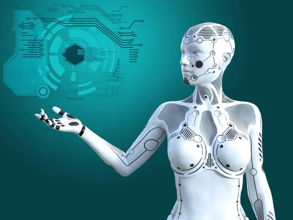 3D rendering of a robot woman standing and holding her arm out. Futuristic digital concept.