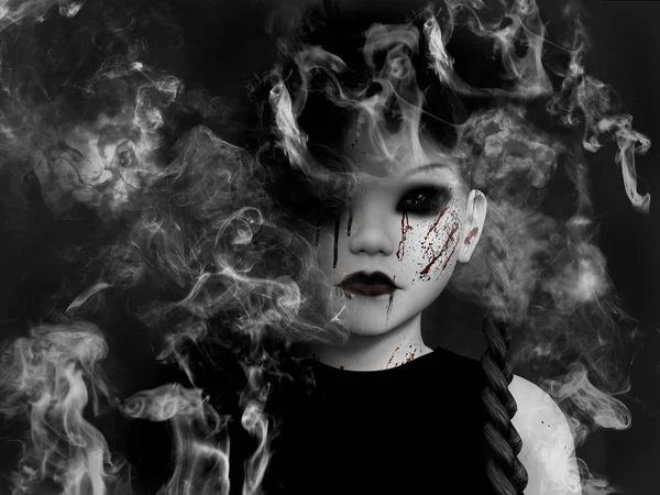 渲染邪恶的哥特式看 血液覆盖的小女孩 是溶解在烟雾中像一个幽灵或恶魔 — 图库照片