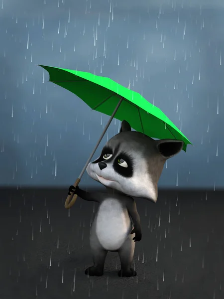 Rendering Cute Cartoon Raccoon Holding Green Umbrella Rain — Stock Photo, Image