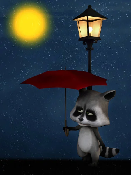 街灯の下に立つと雨の中赤い傘を保持しているかわいい漫画 Racoon レンダリングします それは夜だと月が輝いています — ストック写真