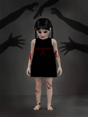 bir kötü Gotik seyir 3d render küçük kız gölgeler o canavarlar tarafından perili olduğu gibi onun için ulaşan el ile ayakta kan.