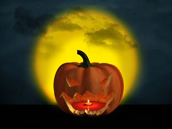 Vykreslování Halloween Dýně Noci Velký Žlutý Měsíc Pozadí Hvězdnou Oblohou — Stock fotografie