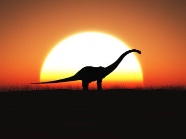 3D rendering brontozor dinozor siluet ayakta karşı büyük bir güneş batımında.