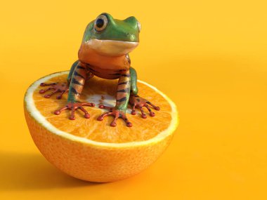 Bir yeşil ve turuncu renkli tigerleg maymun ağacı bir turuncu meyve üzerinde oturan bir kurbağa, Phyllomedusa tomopterna, gerçekçi 3d render. Turuncu arka plan.