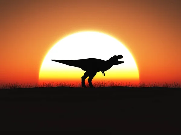 Rendering Tyrannosaurus Rex Dinosaur Silhouette Standing Big Sun Sunset — Stock Photo, Image