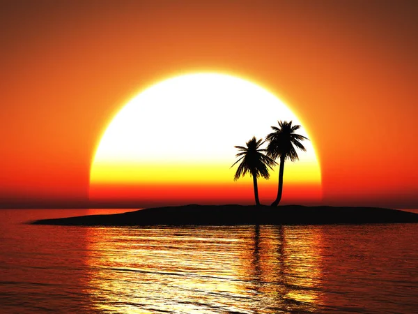 Rendering Bellissimo Tramonto Tropicale Caldo Con Palme Silhouette — Foto Stock