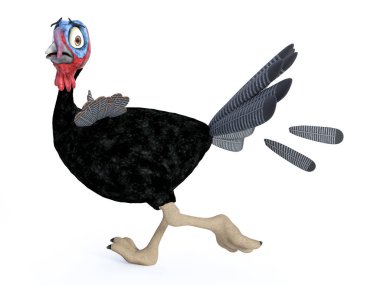3B oluşturmayı tüyleri bırakarak sırasında arayan korkmuş ve koşma uzak bir aptal karikatür Türkiye'nin. Beyaz arka plan.