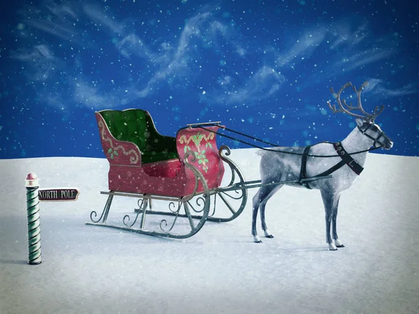 Rendering North Pole Sign Reindeer Pulling Sleigh Waiting Santa Come — Stock Photo, Image