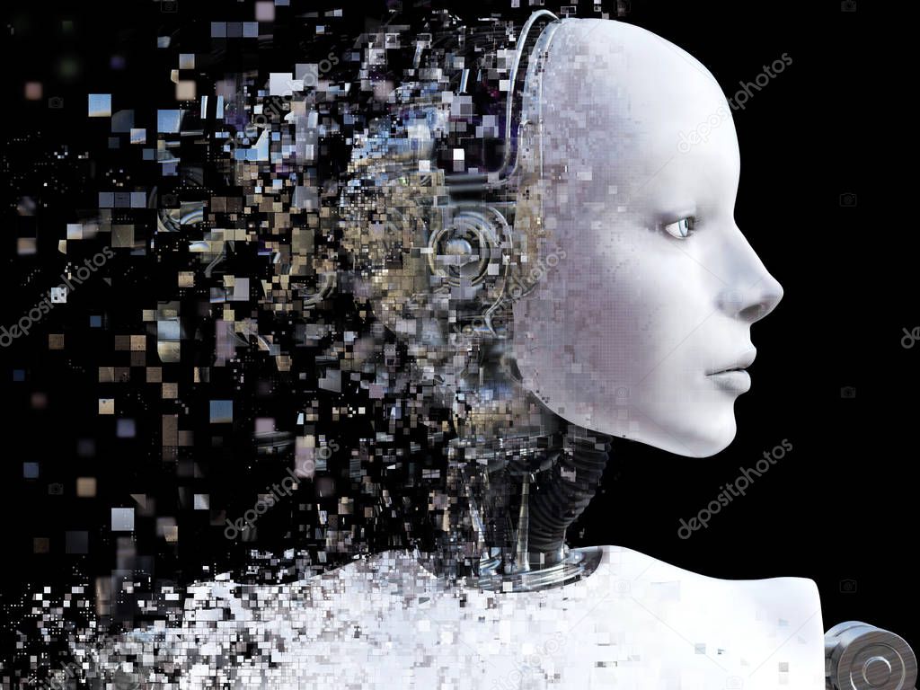 3D rendering of the head of a female robot. The head is breaking apart into pixels or windows. Black background.