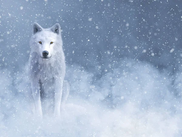 3D rendering of a majestic white wolf sitting down surrounded by magical snow.