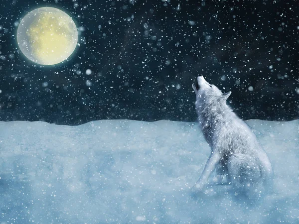 Rendering Majestic White Wolf Sitting Howling Moon Surrounded Magical Snow — Stock Photo, Image